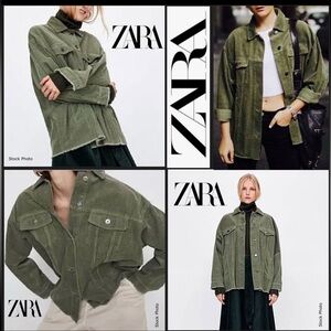 Zara Corduroy Shacket Jacket Oversize Raw Hem Olive Green